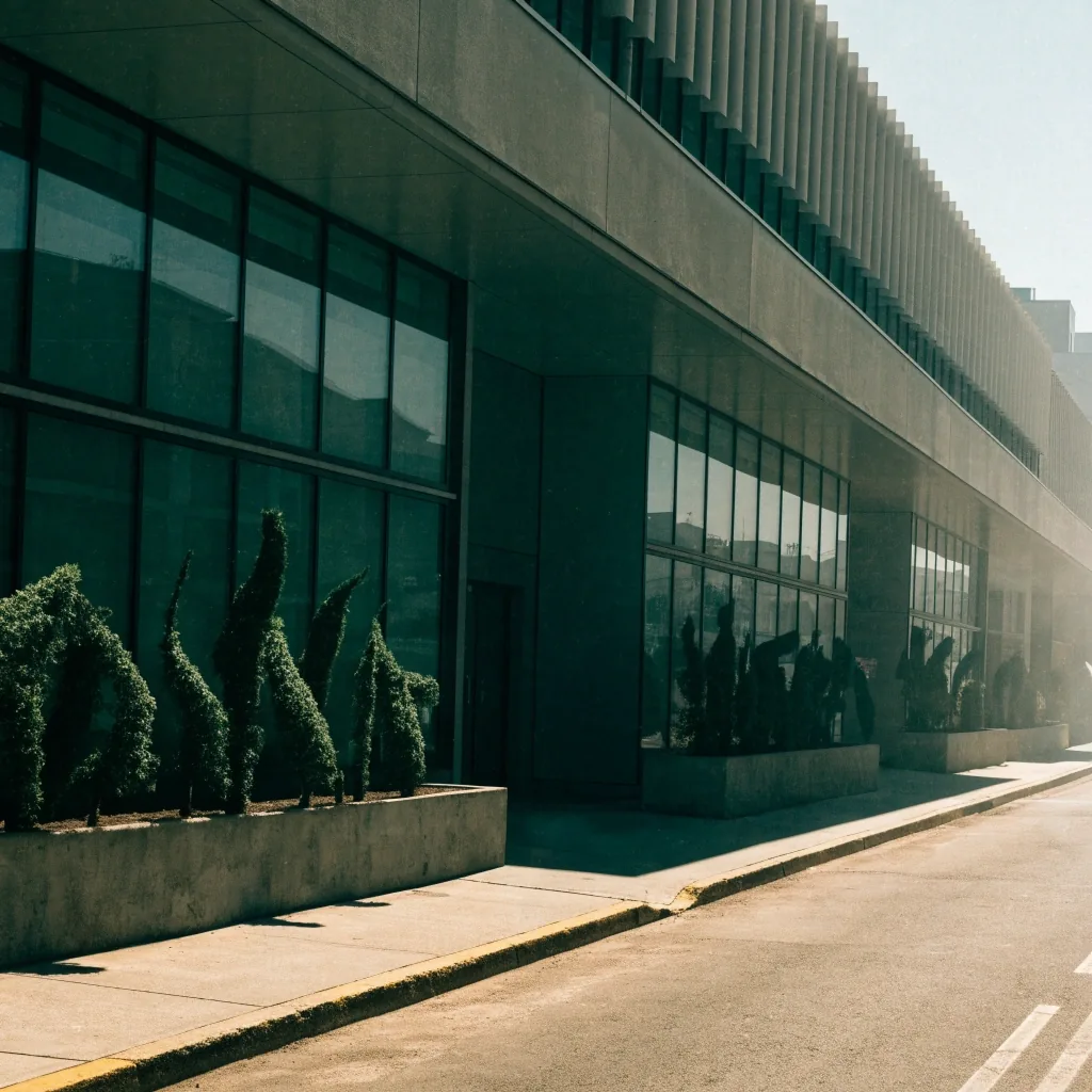 Fachada de las oficinas de HombrePlus a mediodía en Guadalajara, con la sombra del alero recortada sobre la acera