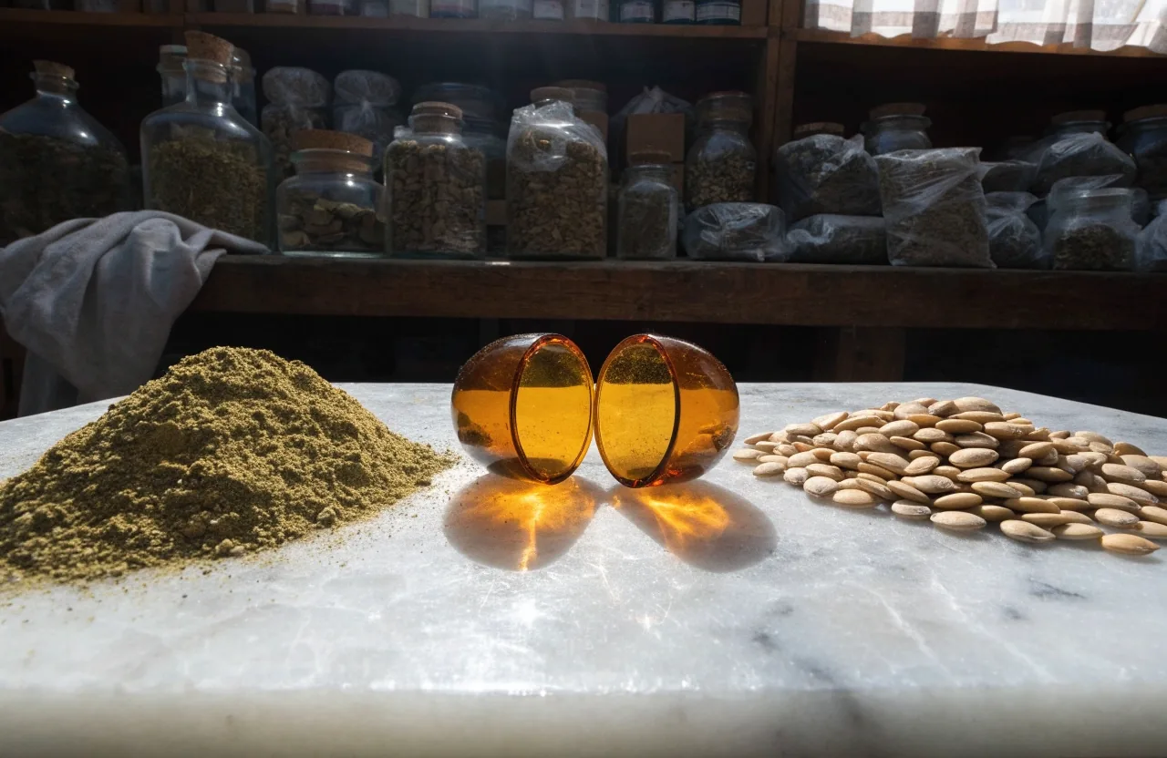 Cápsula partida a la mitad junto a polvo botánico verde sobre mármol blanco con luz dura