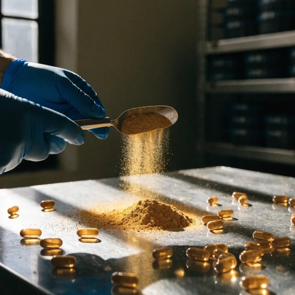 Polvo dorado del complejo B en placa de acero con cápsulas ámbar bajo luz dura