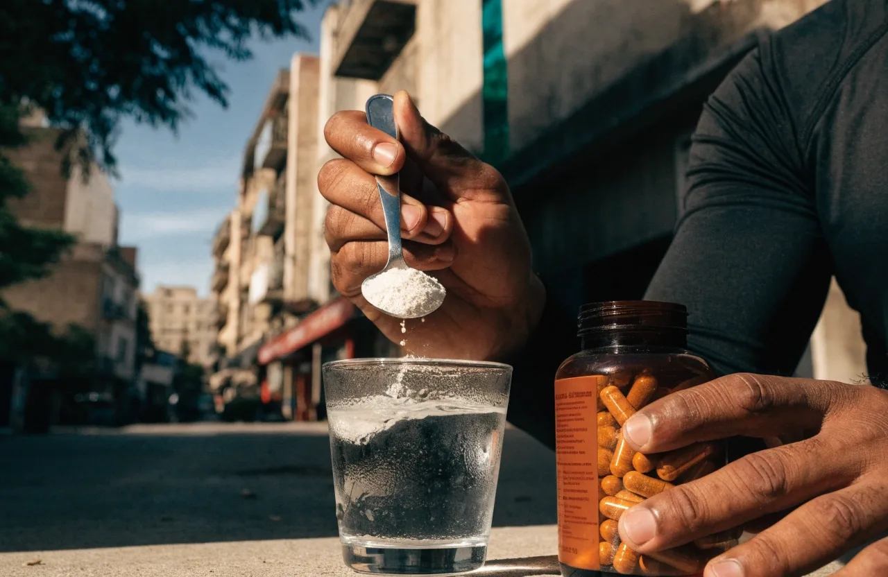 Polvo blanco de creatina y cápsulas ámbar sobre mármol blanco con luz dura